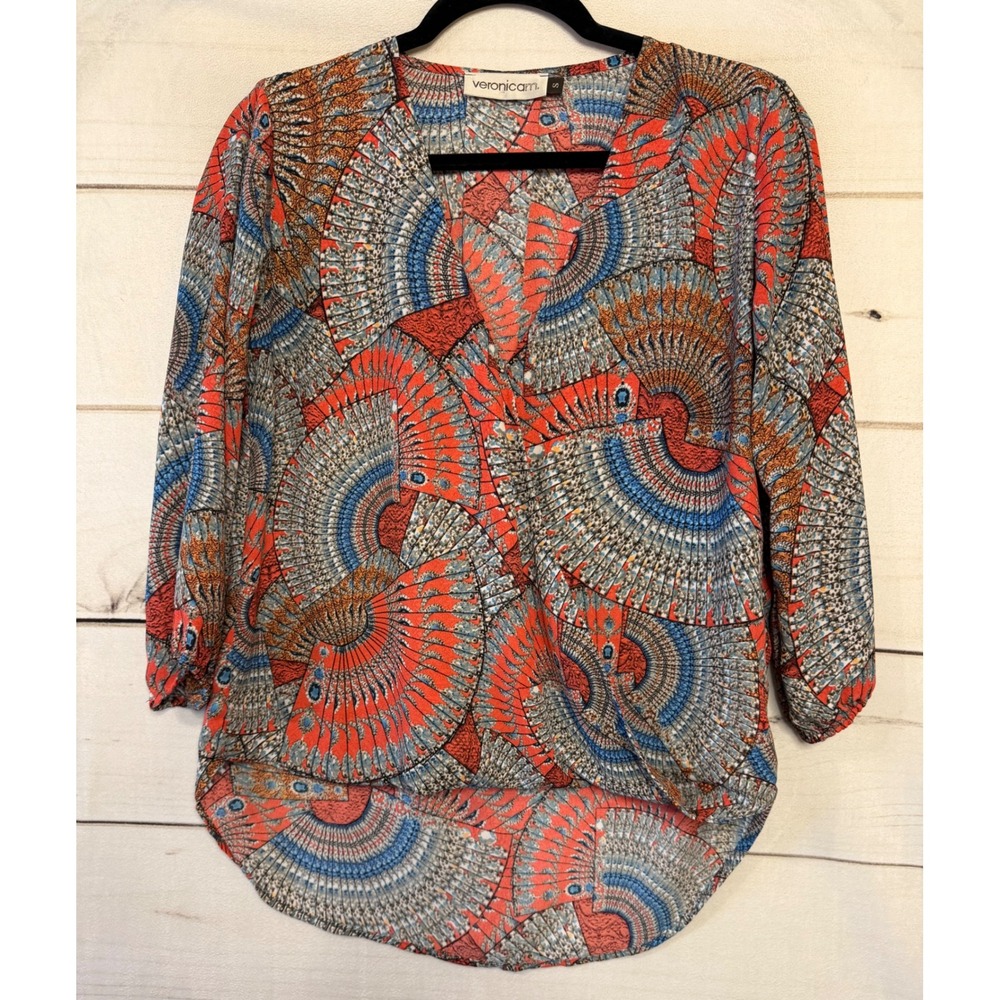 VERONICAM Womens Geometric Fan Print V Neck 3/4 Sleeve High Low Blouse Top Sz S